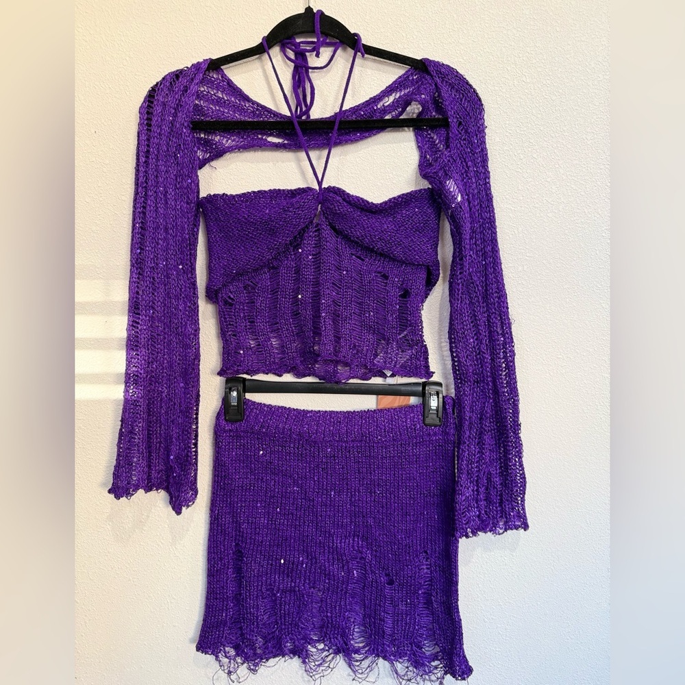 Fairy core 3PC Purple Crochet Set M Festival W Y2K Distressed Crop Top Skirt - Picture 2 of 13